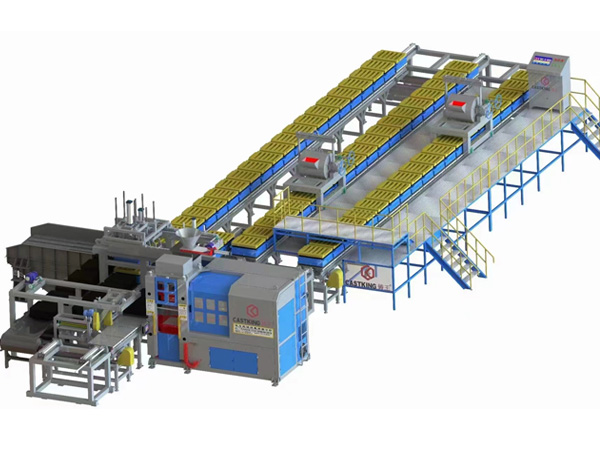 One sand molding machine matched with 3 conveyor lines and 2 pouring stations